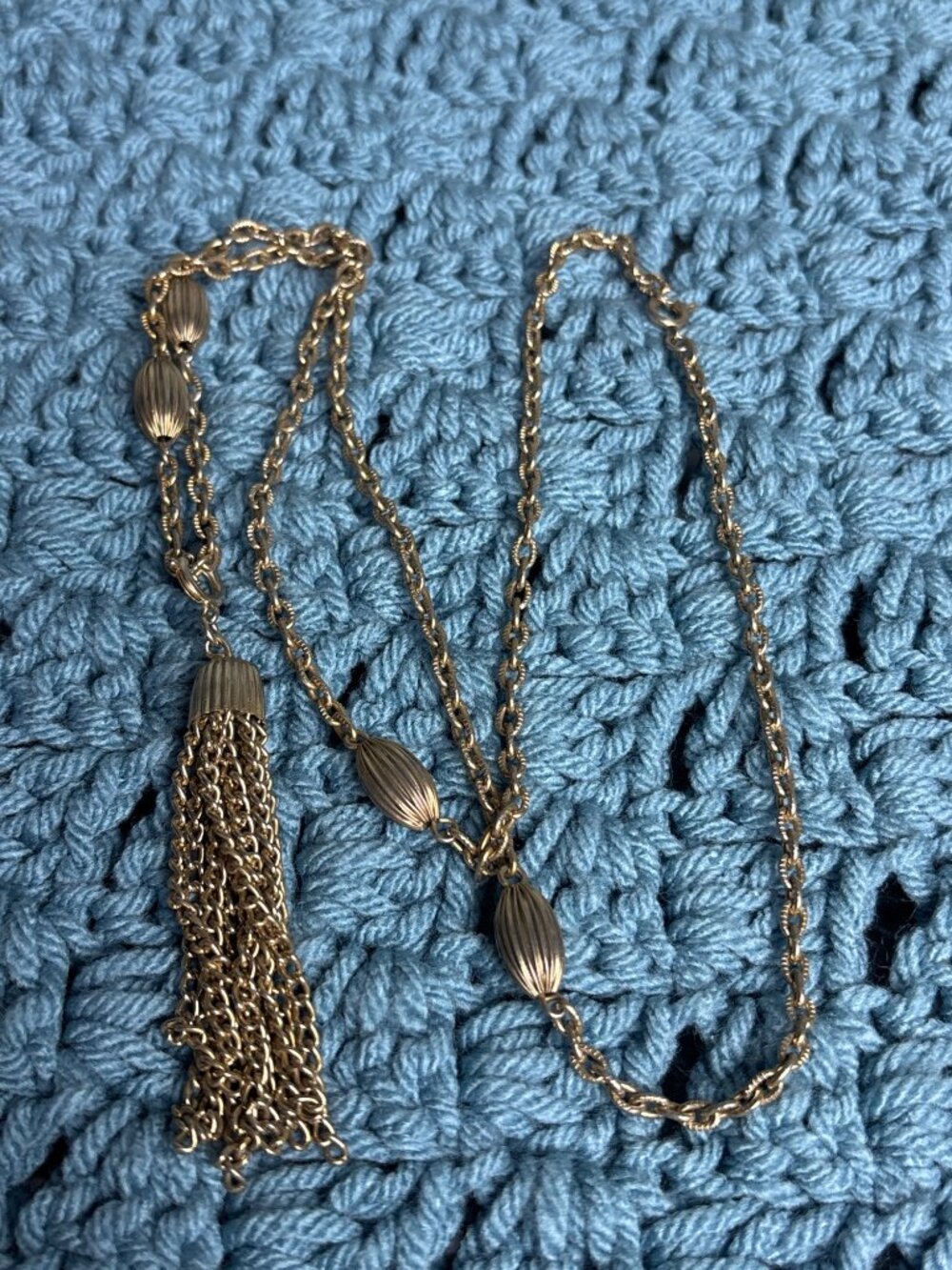 Vintage Goldtone Textured Chain Necklace Station Beads Chain Tassel Pendant 28"